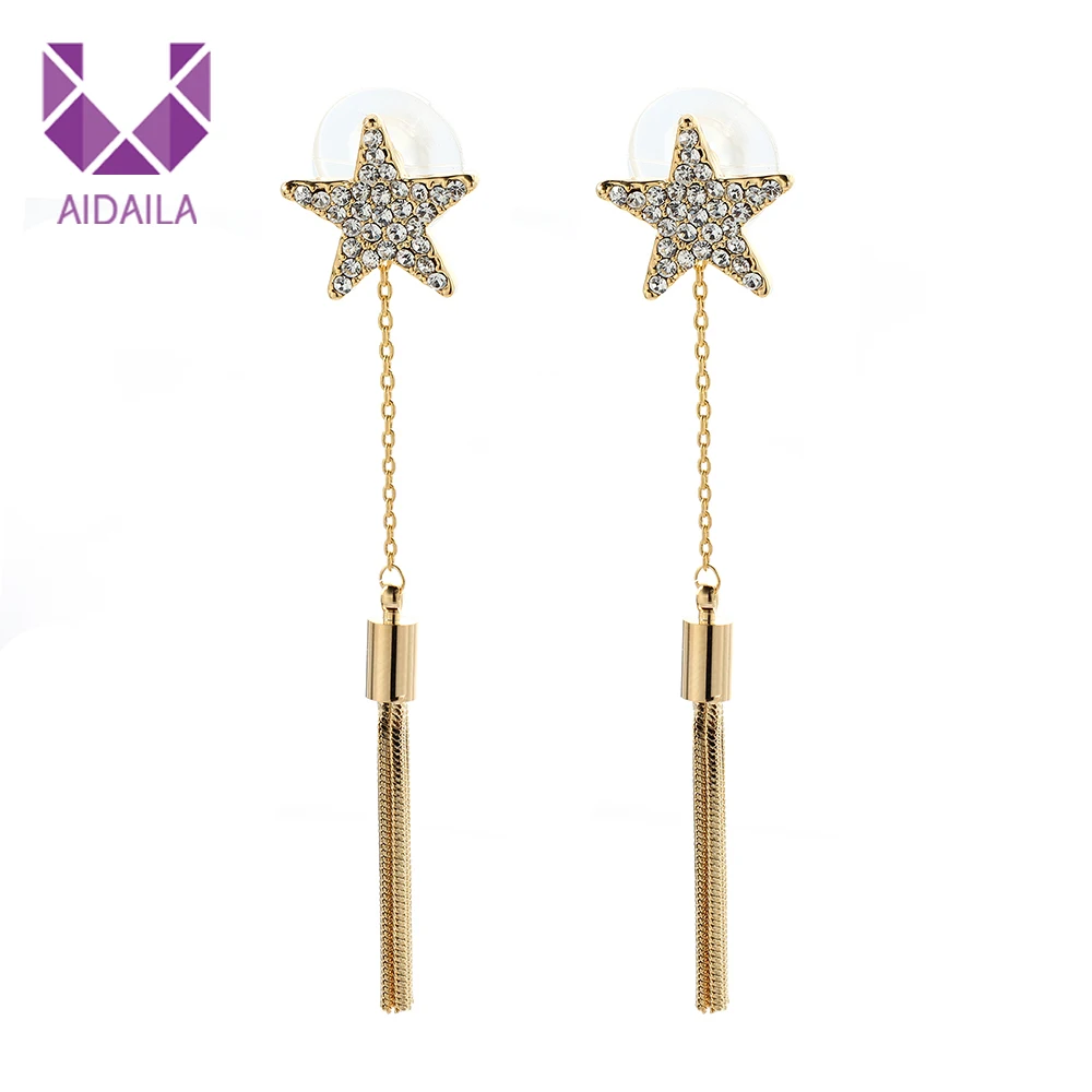 

Women Long Earrings jackets with Star and Chains Brass Metal Gold Color Rhinestone Earrings for Ladies Party Gift