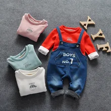 children letter Sweater Belt pantssuit set autumn winter girls and boy soft clothing warm velvet Hoodies Overalls set