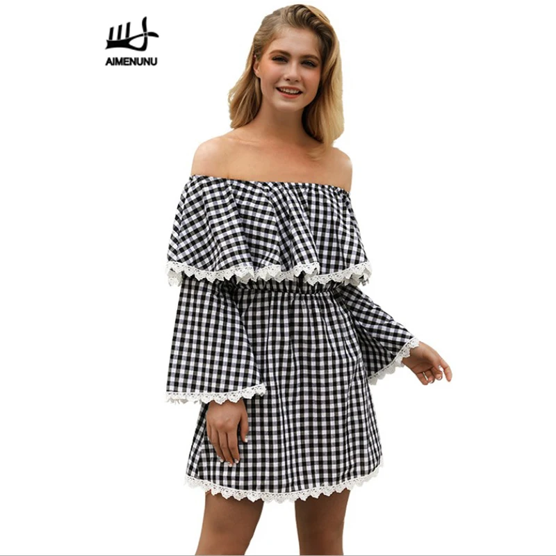 AIMENUNU Off shoulder ruffle сетки сексуальное платье женские расклешенные Длинные рукава