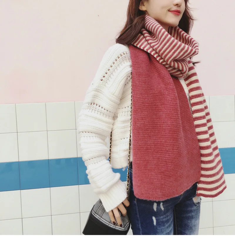 Шарфы женские вязаные толстые трендовые цветные полосатые студенческие длинные шарфы корейский стиль элегантные женские шали зимние простые милые