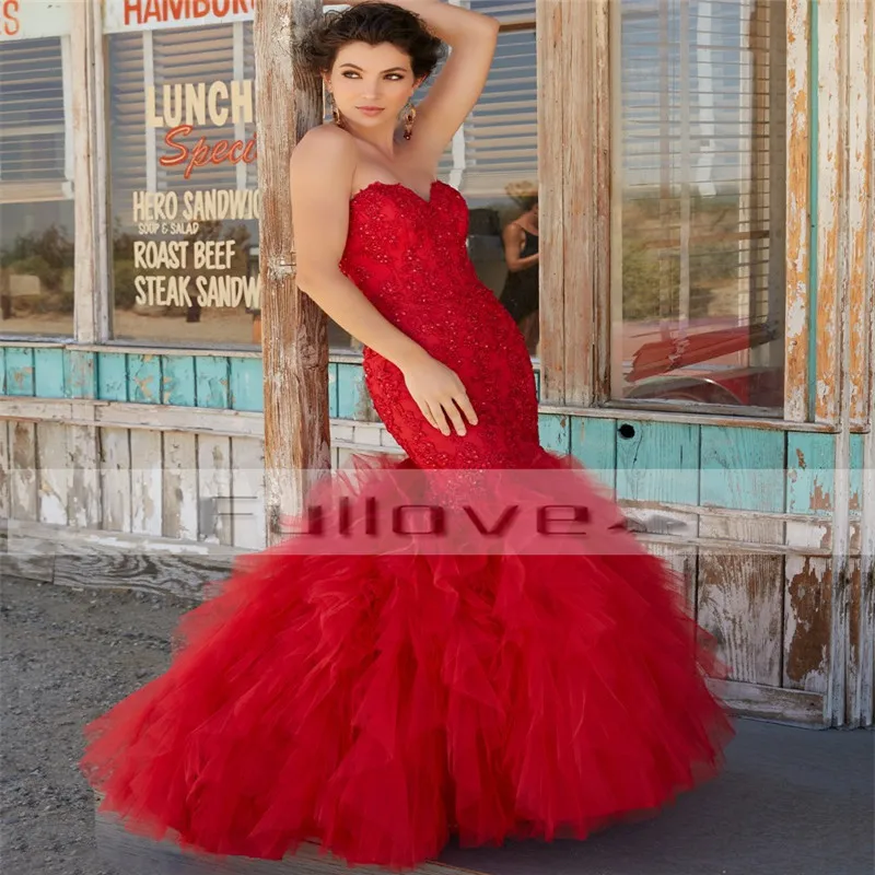 

Lavish Sweetheart Beaded Crystal Mermaid Red Long Evening Dresses 2019 Appliques Ruffles Tiered Formal Dress Vestido De Festa