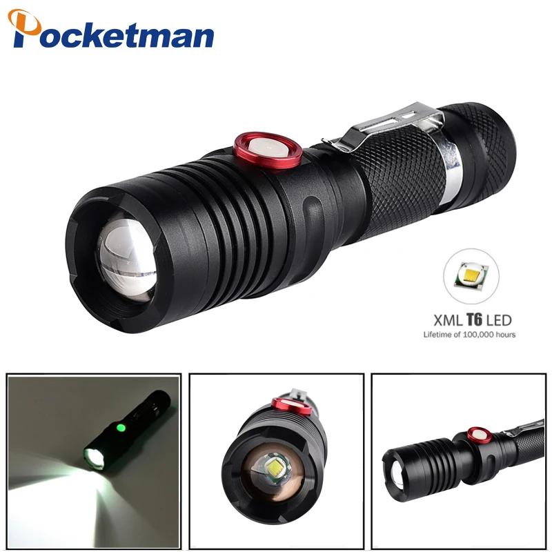 

XM-L T6 LED Flashlight USB Rechargeable Flash Light 18650 Battery Cycling Clip Torch Waterproof Lamp+USB Cable+Battery