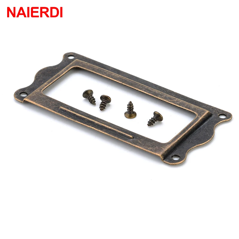 10pcs NAIERDI Antique Brass Handle 64*32mm Label Pull Frame Name Card Holder Cabinet Drawer Box Case Knob For Furniture Hardware