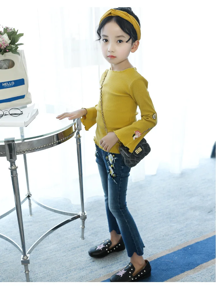Kids Girls Flower Embroidery Blue Flared Jeans 16