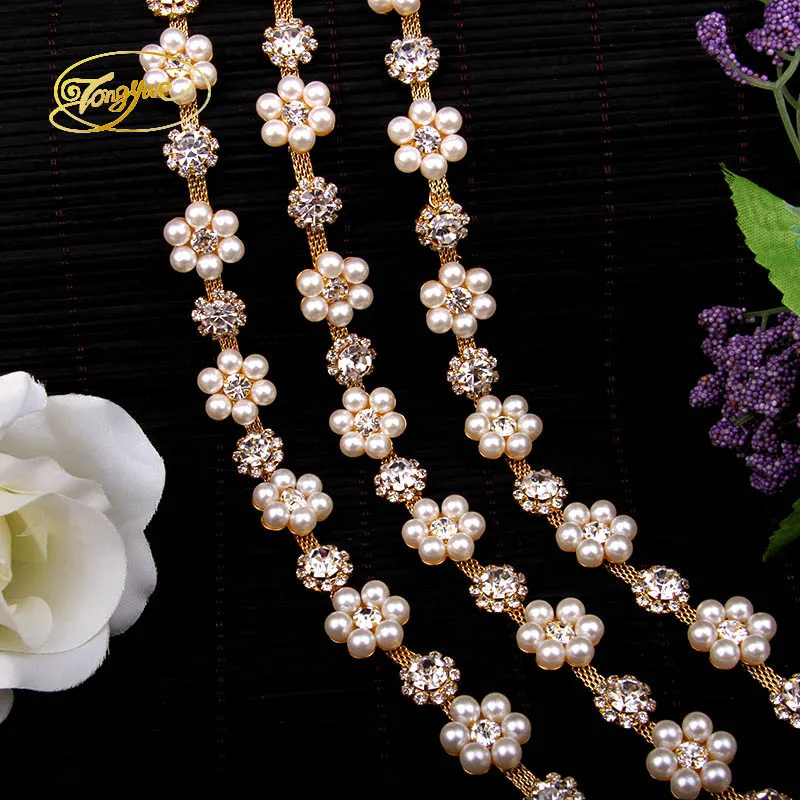 

1 Yd Pearl With Zircon Silver Alloy Wedding Clothing Adornment Ornament Pruning DIY Sewing Applique pearl Crafts