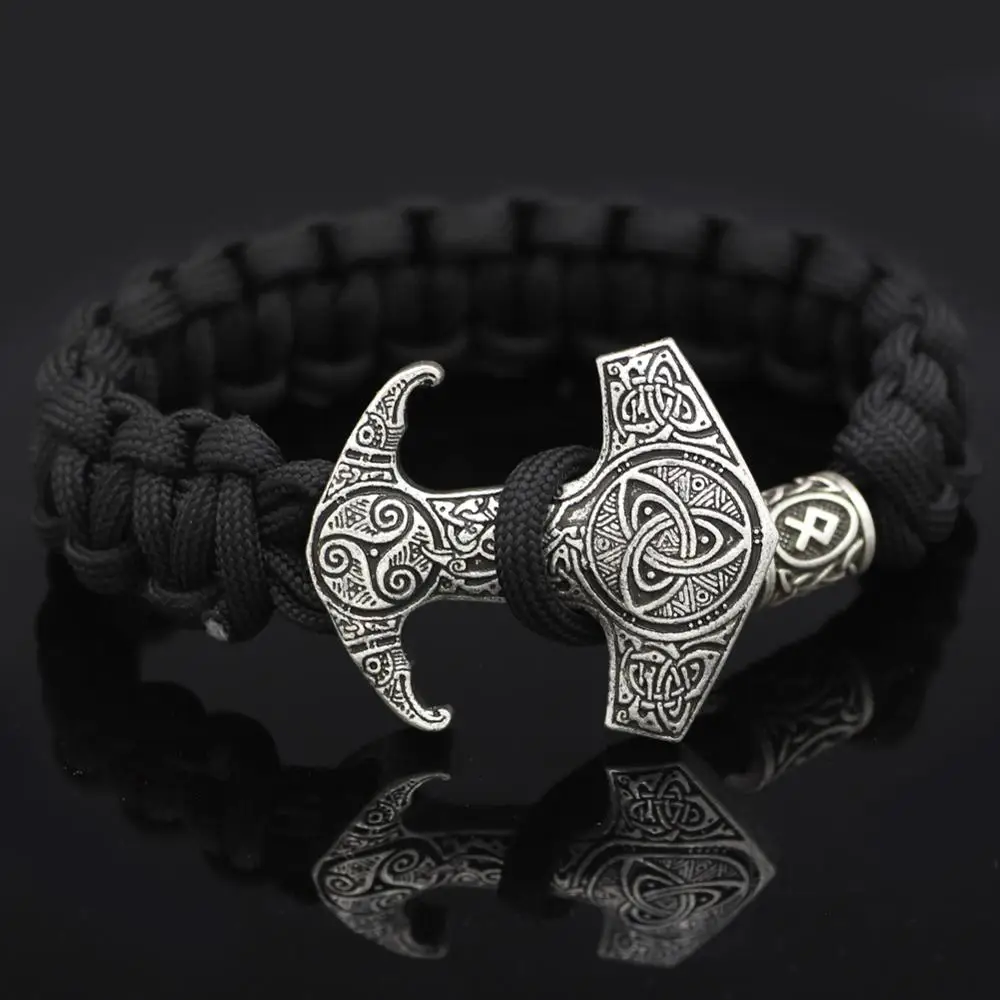 

Viking Men Black Rope Weave Ancient Silver Bracelet Nordic Mythology Odin Raven Totem Lunavin Beads Amulet Bracelet