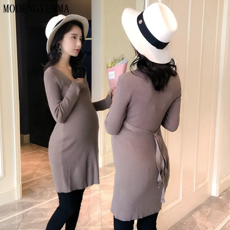 

MODENGYUNMA Maternity Dresses New Autumn Breast-feeding Pregnancy Clothes Long Sleeve V Collar Knitting Pregnant Dress Skirt