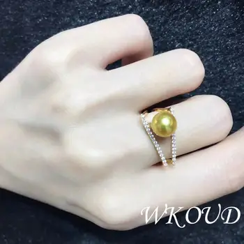 

WKOUD Fine Pearl Jewelry 14K GF Natural Perfect Round Japan Akoya Golden Pearl Open Ring Women Exquisite Elegant Gift