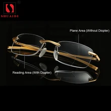 Бифокальные очки для чтения Для мужчин Для женщин без оправы Алюминий-алюминиево-магниевого сплава, Диоптрийная рамка пресбиопические очки+ 1,0+ 1,5+ 2,0+ 2,5+ 3,0+ 3,5+ 4,0