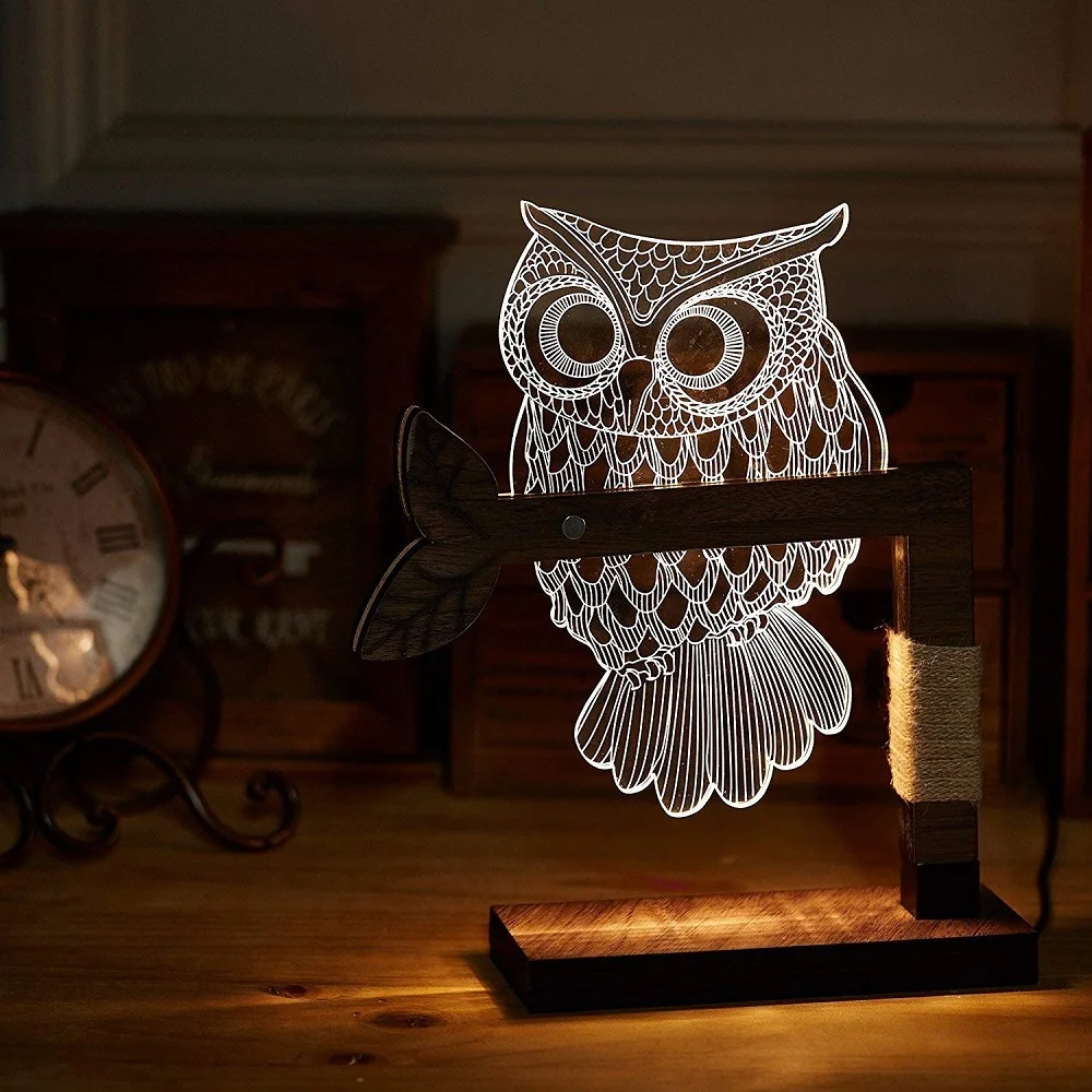 Прикроватный светильник, декоративный деревянный светодиодный светильник с регулируемой яркостью, настольная лампа с 3D визуальным акриловым изображением совы, теплый белый светильник для кровати, идеально подходит для спальни, гостиной