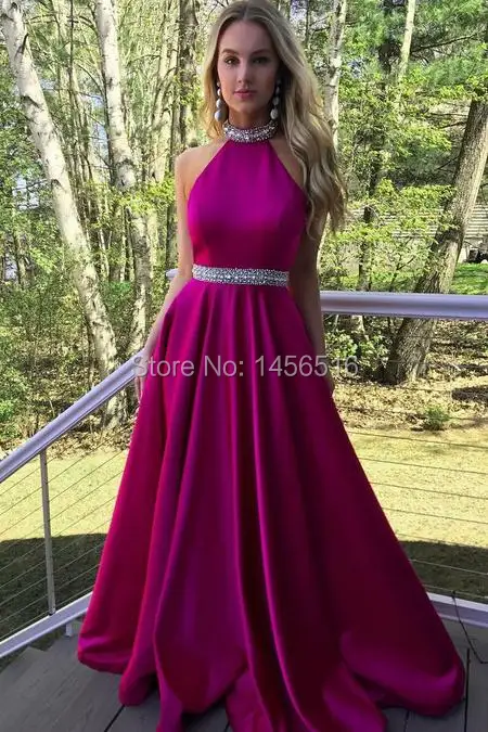 Rhinestones A-line Fuchisa Satin Long Prom Party Dresses (2)