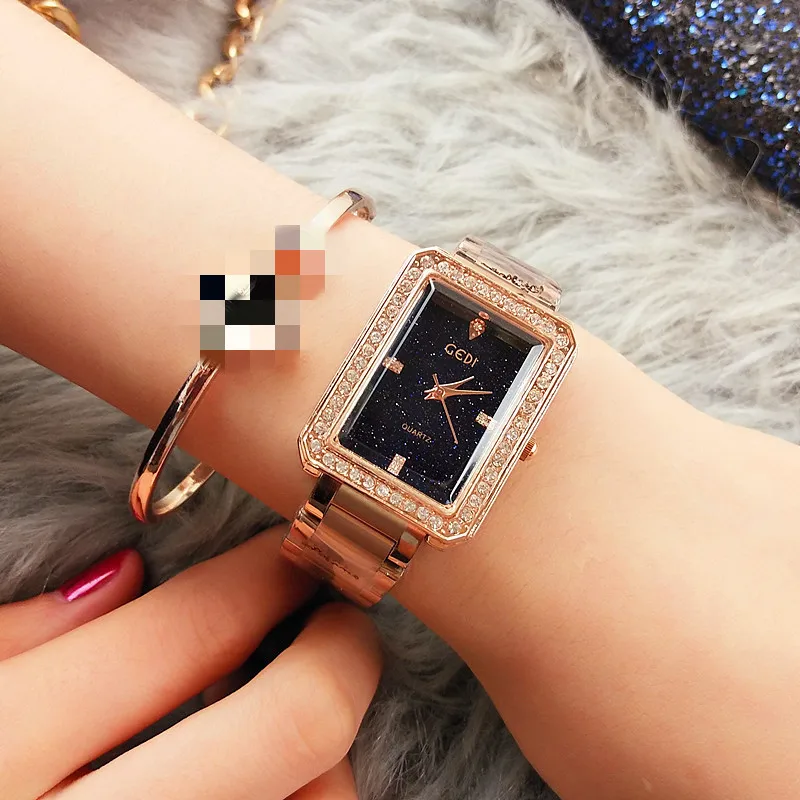 

Luxury Ladies Quartz Tide Watch Waterproof Square Full Rhinestone Steel Belt Star Surface Without Scale with Drill Dial Gift Box