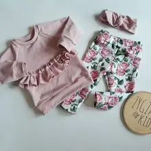 Autumn NEW Kids Infant Newborn Baby Girl Long Sleeve Ruffle Edge Cotton T-shirt Tops Flower Pants Casual Outfit Set Clothes