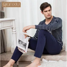 Осенние мужские повседневные пижамные комплекты, Мужской Хлопковый пижамный комплект, мужская полосатая футболка с круглым вырезом+ штаны, модная мужская пижама