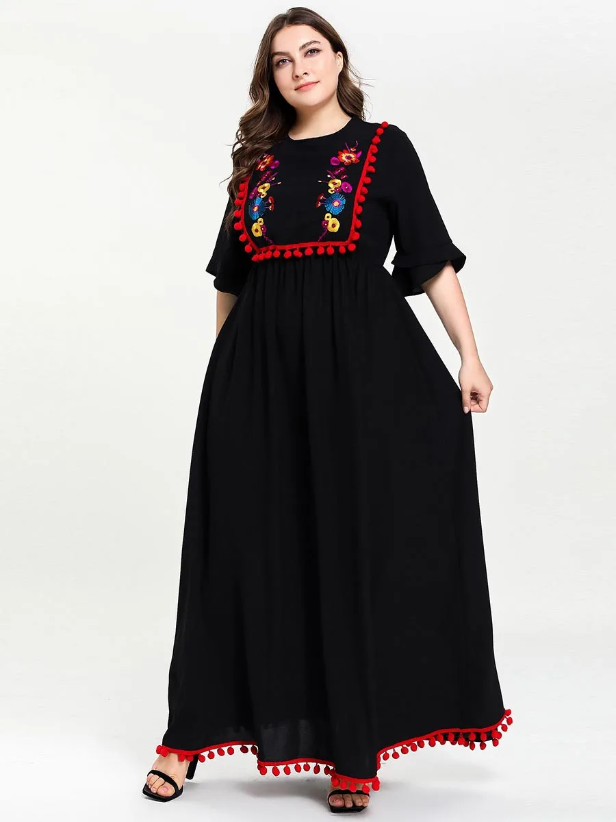 Черный Для женщин Летняя одежда с оборочками длина половина рукав Абая, для мусульман с вышивкой Ленточки мусульманская одежда для Дубай