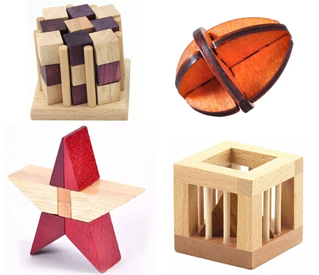 Desk Novelty 4PCS/Lot 3D Wooden Puzzle IQ Mind Test Brain Teaser Game