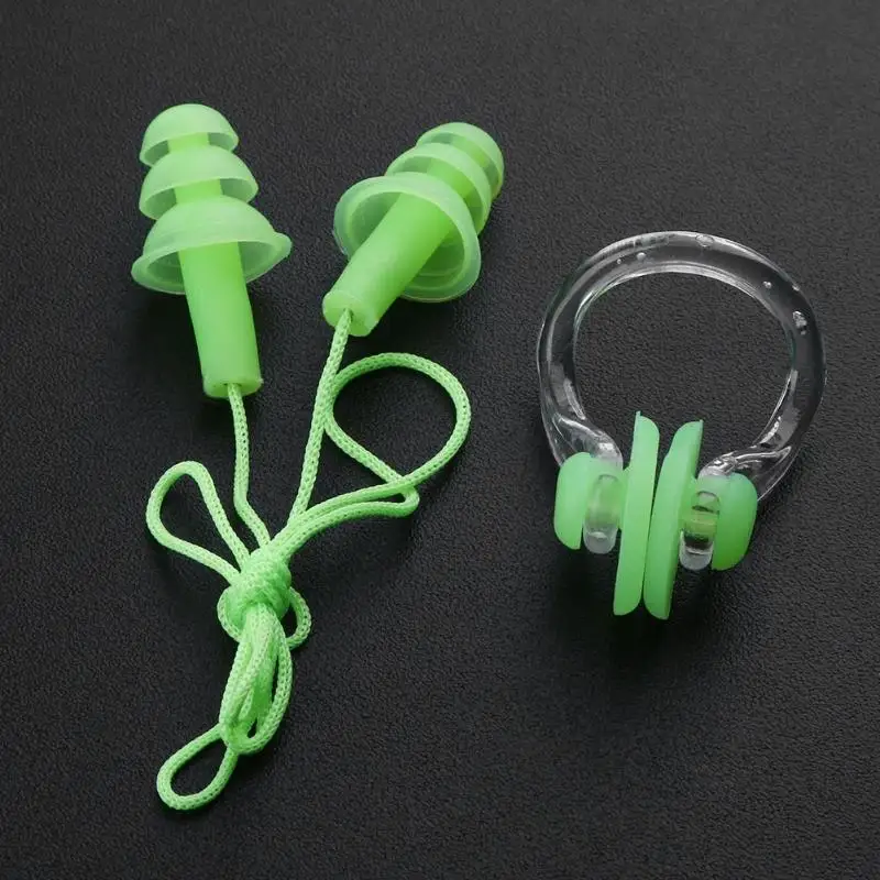 Soft Silicone Earplugs Set with Rope + Nose Clip Set for Summer Swimming Diving Water Sports Accessories for Adult Ear Plug