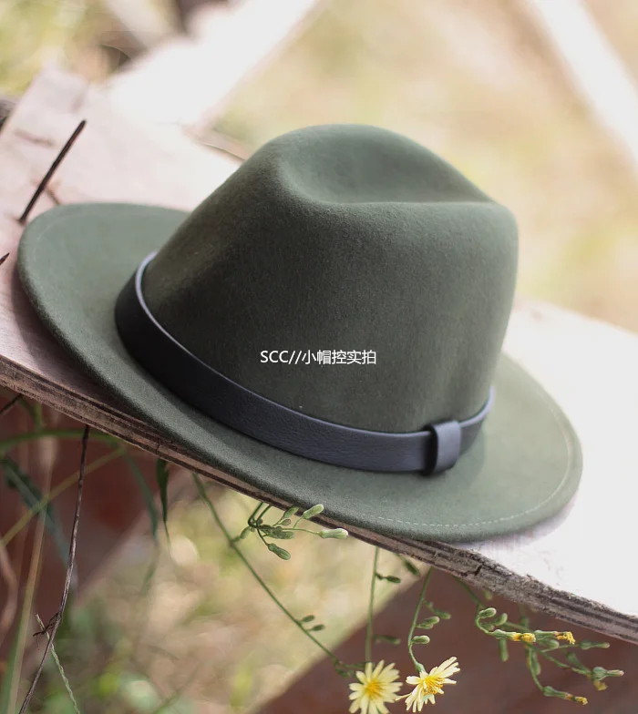 Winter Wide Brim Men's Wool Felt Hats Real Leather Band Fedoras Army