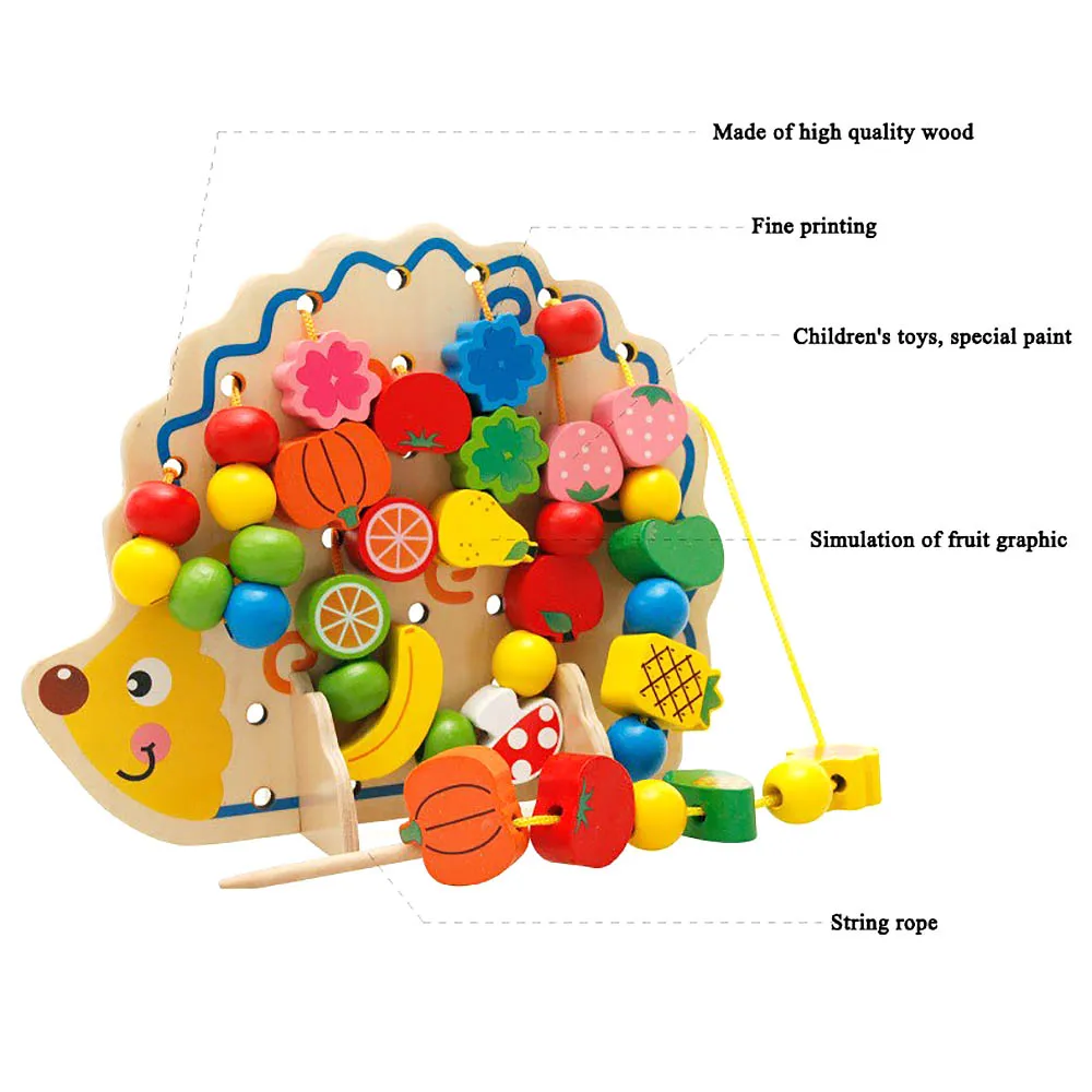 1 Set Creative Useful Wood Hedgehog Fruit Vegetable Beads Building Thread Toy for Kids