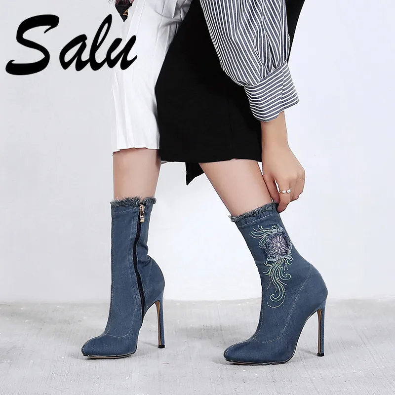 

Salu Fashion Women Ankle Boots High Heels Party Night Club Denim Shoes Women High Heel Warm Boots