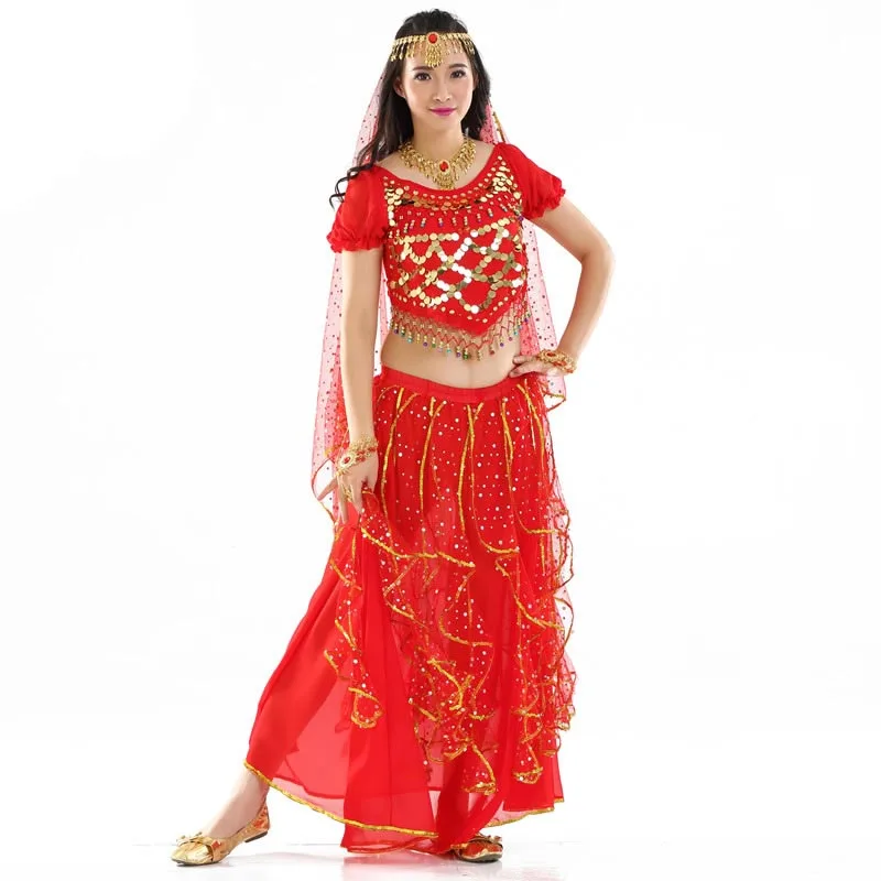 Костюмы для танца живота Для женщин живота Танцы девочек Индийский Болливуд танцевальная одежда восточных танцев Костюмы 4 шт./компл - Цвет: Red