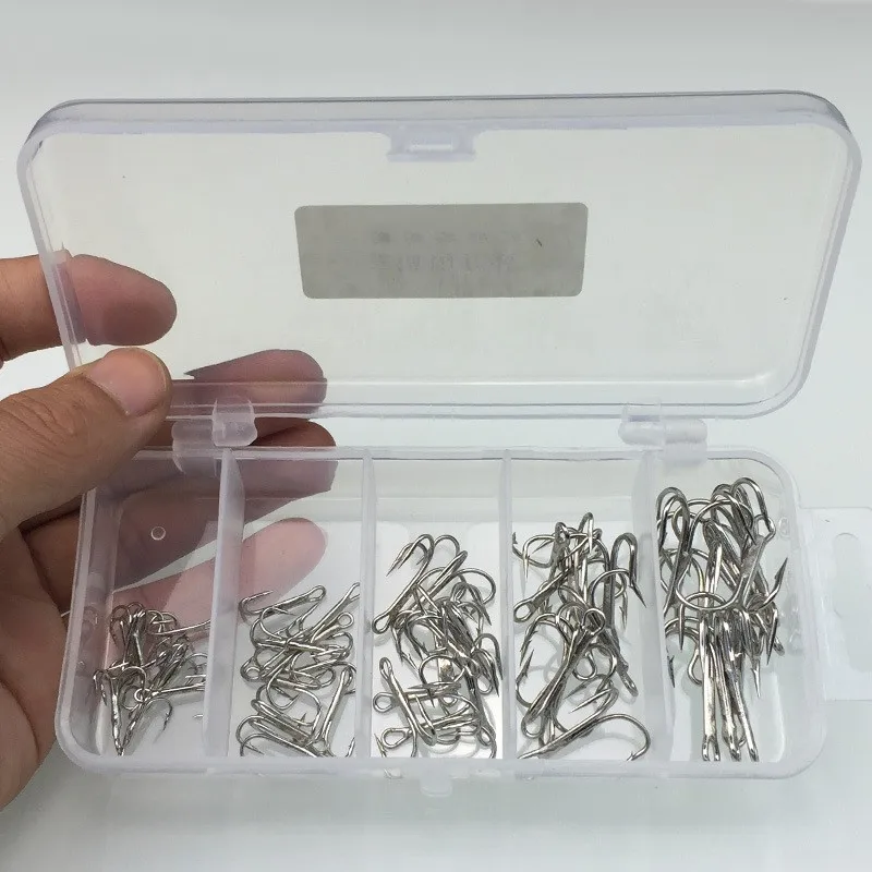 50 Pcs / Box Multiple Sizes High Carbon Steel Fishhook VMC Treble Hooks 2# 4# 6# 8#10# Sharp Barbed Stainless Fishing Hooks