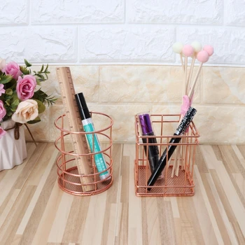 

Rose Gold Metal Pen Holder Box Case Desk Stationery Office School Desk Supplies