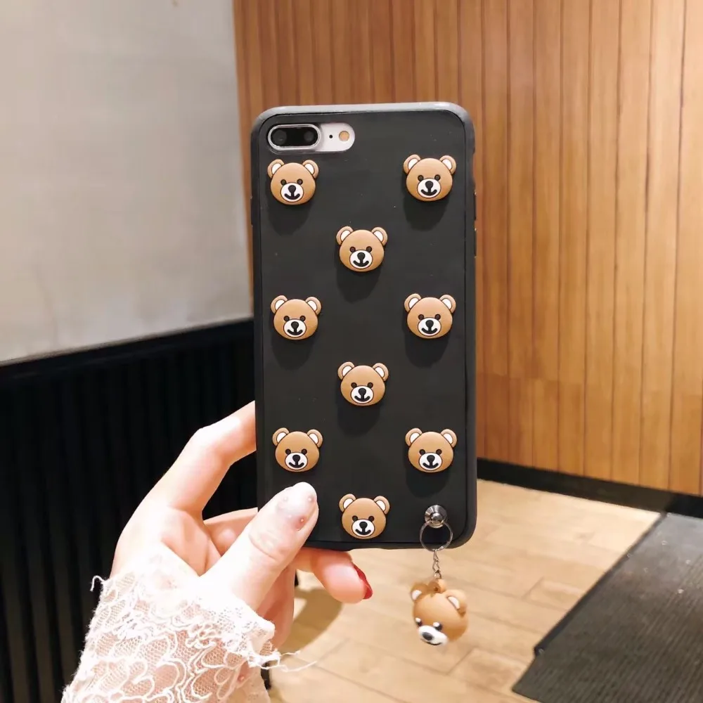 

3D Silicone Case For iphone X Cover Shell 3D bear Hanging ornament Black For iphone 7 8 6 6s Plus Case Luxury Cute Cartoon Coque