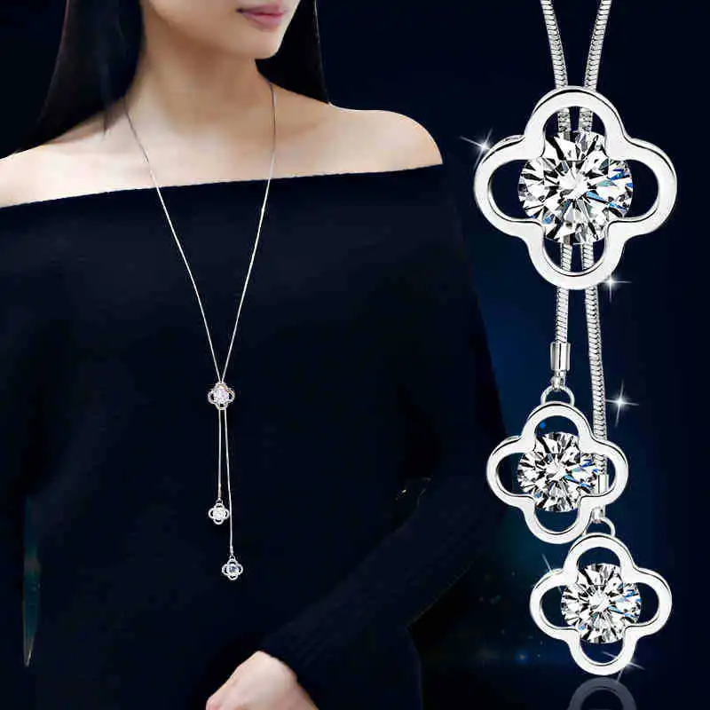 

Clover Engagement Female Fishing Line Necklace Silver Chain Pendants Women Rhinestone Choker Diamont amethyst Collier Necklaces
