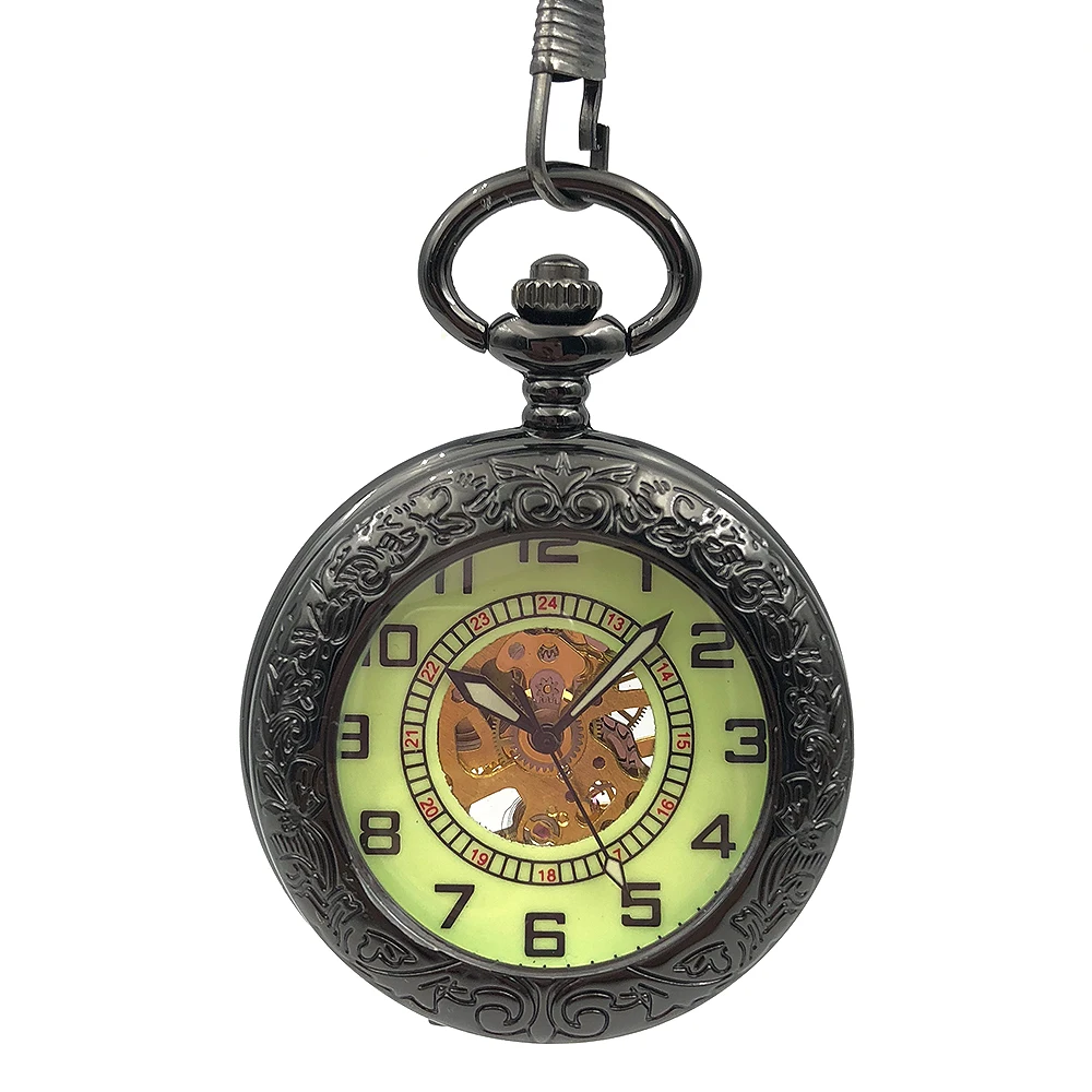 See Though Classic Black Case Arabic Number Dial Skeleton Steampunk Mechanical Hand Wind Pocket Watch Relogio De Bolso Nice Gift | Наручные