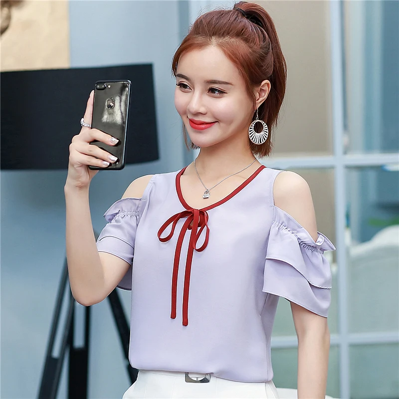 Women Blouse Stapless Women Tops Summer Blouse Short-sleeved Blouses Bowknot Chiffon Blouse Female Fashion Chiffon Shirt