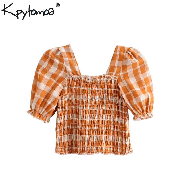 

Vintage Sweet Plaid Smocked Cropped Tops Women Blouses 2019 Fashion Puff Sleeve Ruffled Elastic Shirts Casual Blusas Mujer
