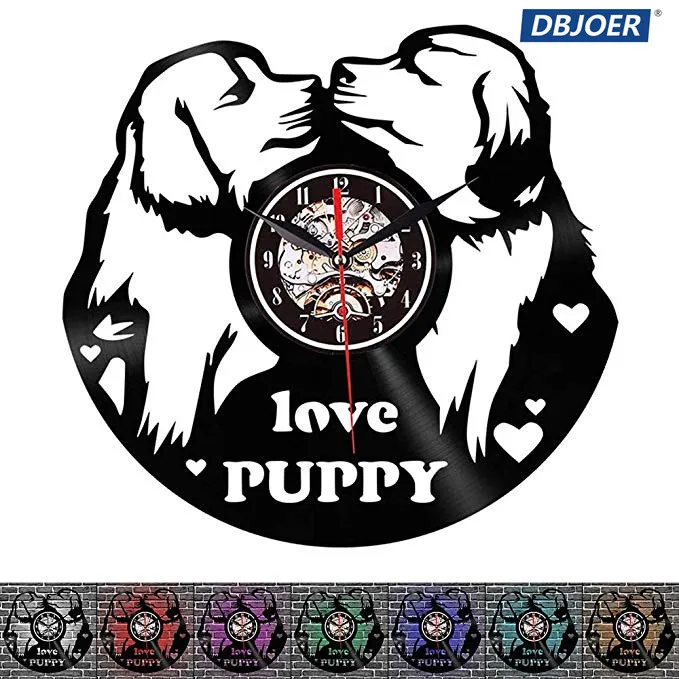 Two Puppies Vinyl Wall Clock Light 7 LED Colors|Vinyl Animal Pattern Record Clock|with Remote Contro | Дом и сад