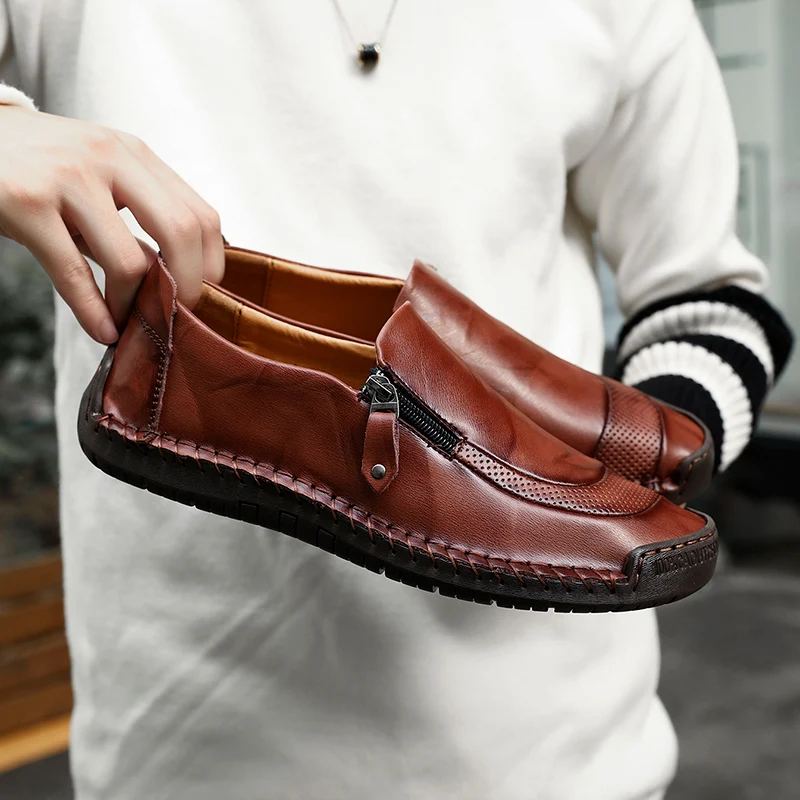BIMUDUIYU Handmade Genuine Leather Shoes Men Luxury Brand Casual Moccasins Men Fashion Loafers Slip on Rubber Flats Zip opening BIMUDUIYU Handmade Genuine Leather Shoes Men Luxury Brand Casual Moccasins Men Fashion Loafers Slip on Rubber Flats Zip opening