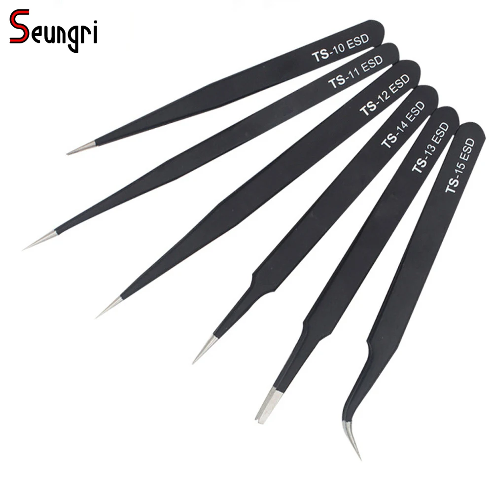 Safe Stainless Steel Anti static Tweezers Industrial Precision Pointed Elbow Curved Straight