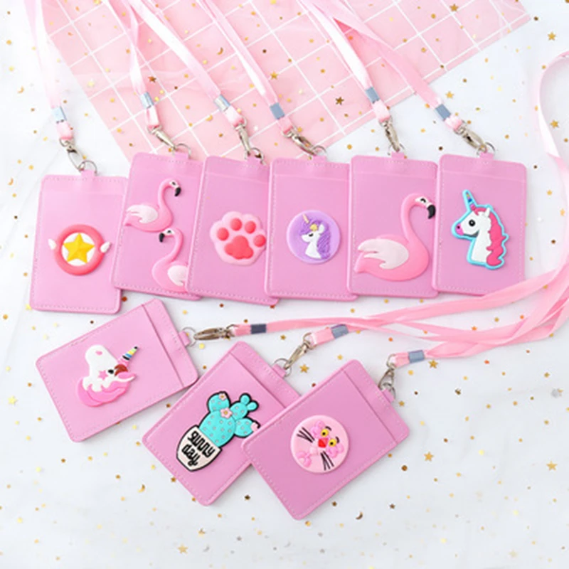 

Cute Cartoon Pink Solid Bank Credit Card Holders Silica Gel Neck Strap Purse Card Bus ID Identity Badge Women Kids Girl Lanyard