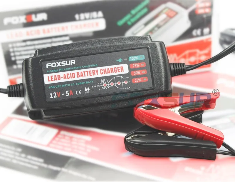 FOXSUR 12V 5A автоматическое умное зарядное устройство, Ремонтный и десульфатор для свинцово-кислотных батарей, автомобильное зарядное устройство 100-240V In