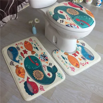 

3pcs/set Bathroom Carpet Cartoon Fish Print Anti-Slip Toilet Bath Mat Coral Fleece Floor Mats Washable Bathroom Carpets and Rugs