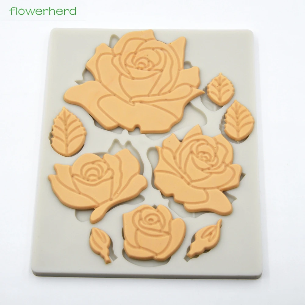 Плоская силиконовая форма розы, помадка, форма для торта, украшения торта, инструменты для изготовления роз и листьев, Сахарная паста, цветок, модельные инструменты для приготовления пасты