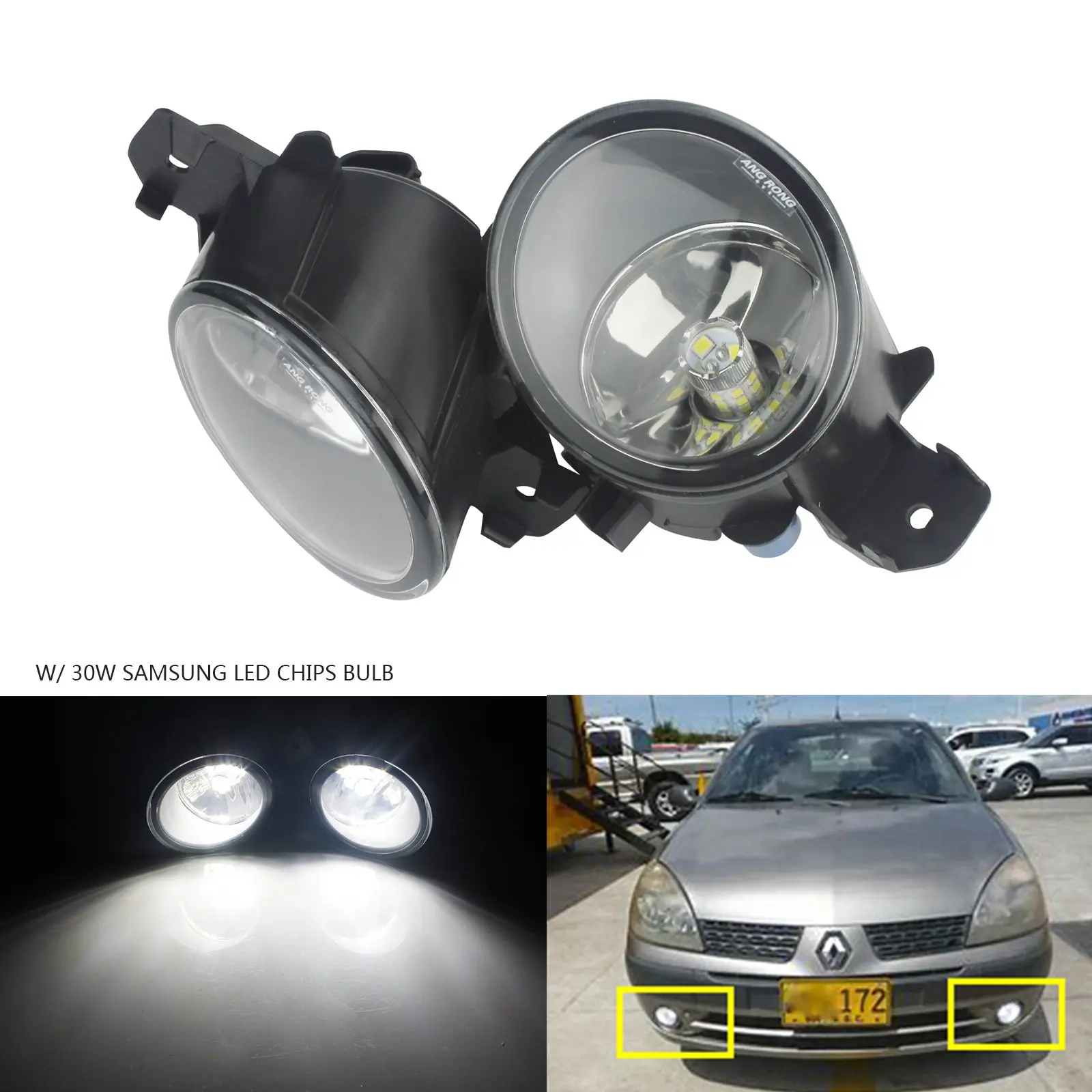 

ANGRONG 2X For Renault Clio 2001-13 Front Fog Light Lamps Pair L&R + 30W H11 SAMSUNG LED Bulbs