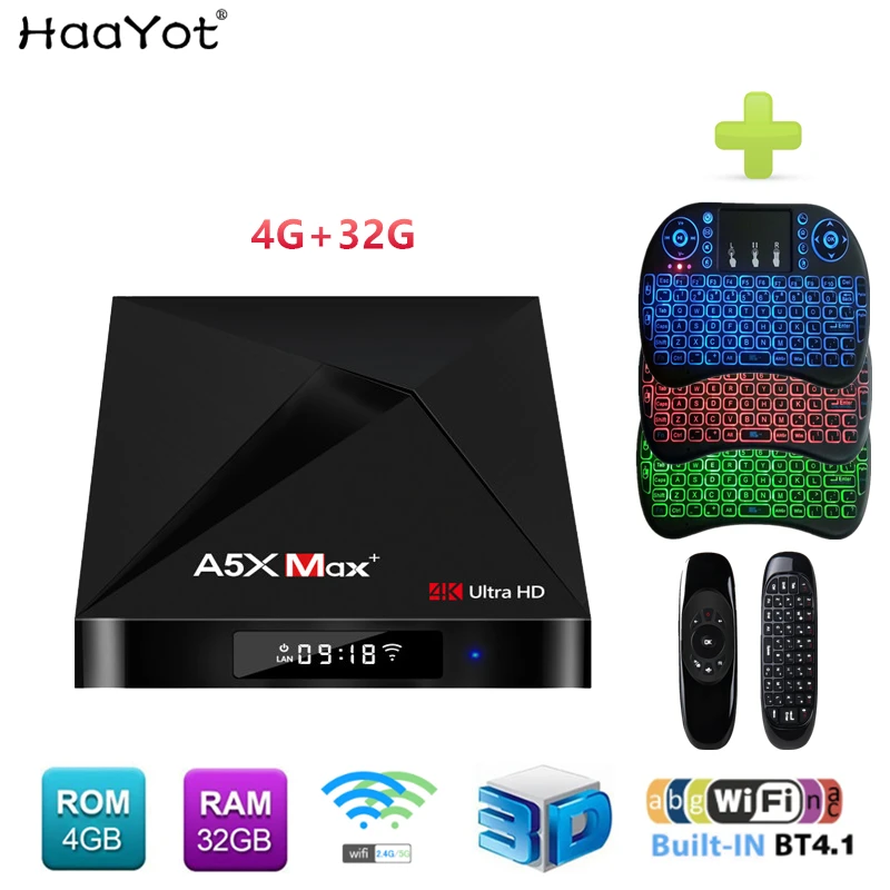 

HAAYOT A5X MAX+ Android 7.1 TV BOX RK3328 4GB RAM 32GB ROM Bluetooth V4.1 2.4G/5G Dual WiFi Super 4K Smart Set Top Box 3D Media