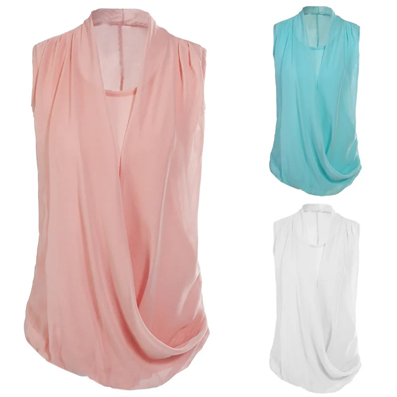 

DSQUAENHD Summer Women Sleeveless V Neck Patchwork Chiffon Blouse Plus Size Casual Spliced Shirt Solid Women's Clothing