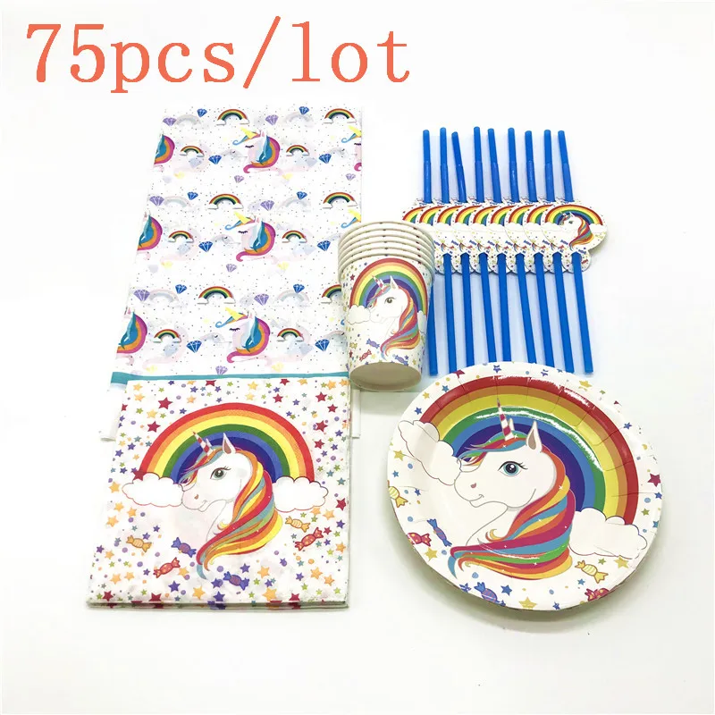 

Rainbow Unicorn 75Pcs/Lot Cartoon Cup Plate Napkin Festival Wedding Birthday Party Theme Party Plastic Straw Tablecover Supply