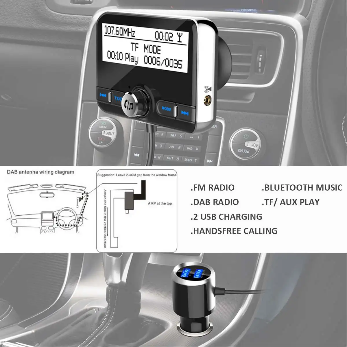 Автомобильный DAB радио приемник тюнер USB адаптер bluetooth Автомобильный передатчик TF/AUX антенна ЖК-дисплей цифровой радио Громкая связь вызов