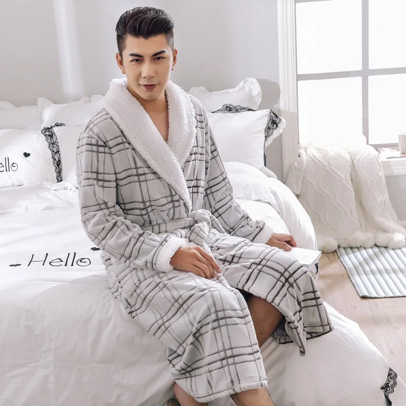 Men Warm Bathrobe Thicken Coral Flannel Bath Robe Female Autumn Winter Casual Wear  Long Robes Turn-down Collar Plaid Nightgowns