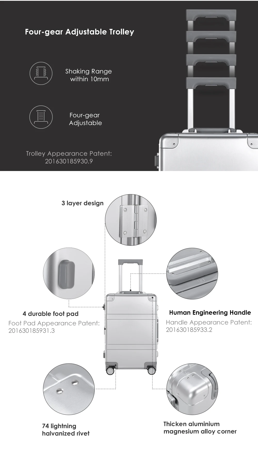 Xiaomi 90FUN интеллектуальные Металлический Чемодан Алюминий сплав Чемодан вести Спиннер TSA разблокировать серебро 20 дюймов для мужчин и женщин