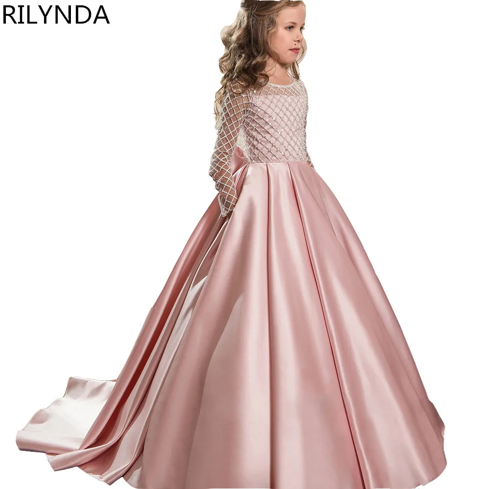 

New Long Sleeve First Communion Dresses O-neck with Bow Sash Flower Girl Dresses Ball Gowns Custom Made Vestidos