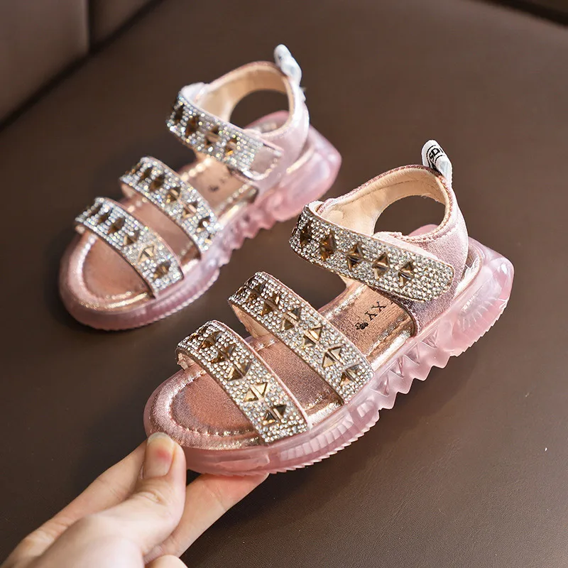 Летние сандалии для девочек; детская пляжная обувь; детские сандалии; дышащая обувь для детей; Треугольные вставки из искусственного кристалла; для детей от 3 до 14 лет - Цвет: pink