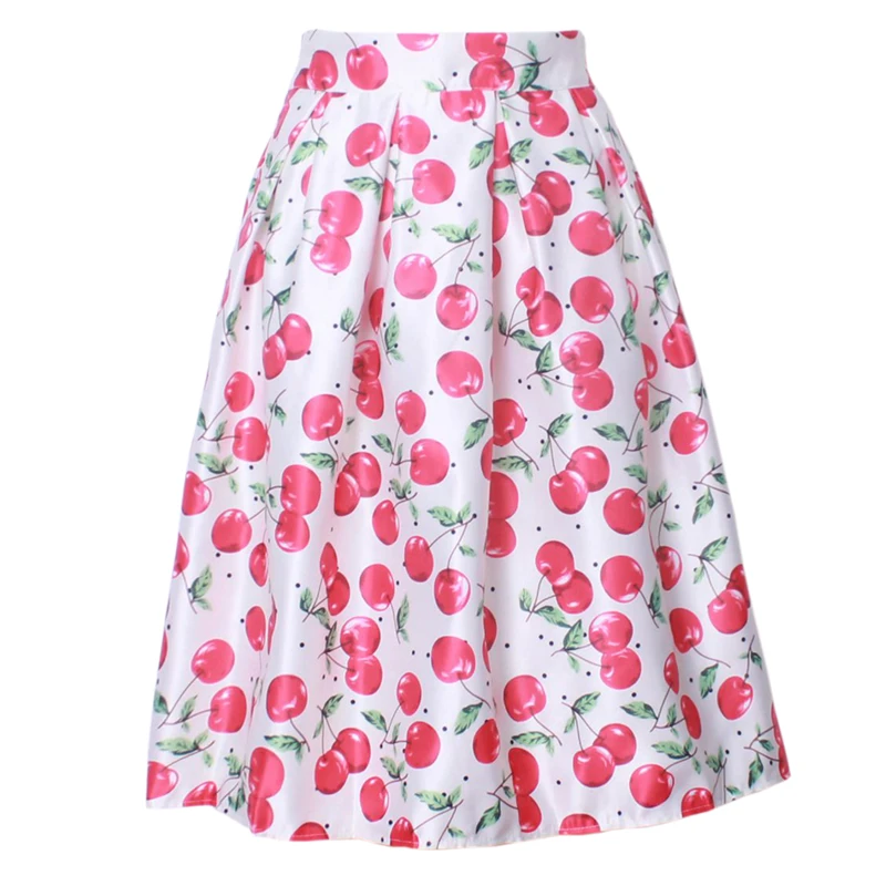 

2018 Women Summer Vintage Print Flowrer Dots Pattern Midi Skirts Pleated High Waist A Line Ladies Party Skater Jupe Femme S8501