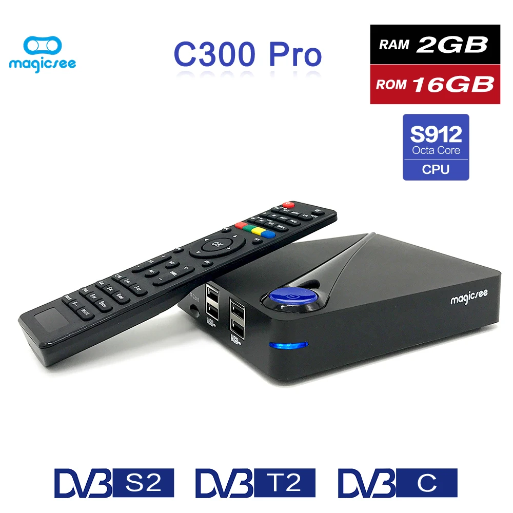 Magicsee C300 Pro Amlogic S912 Восьмиядерный ТВ приставка 2 + 16GB Android 4K Смарт DVB-S2 DVB-T2 кабель 4G WiFi